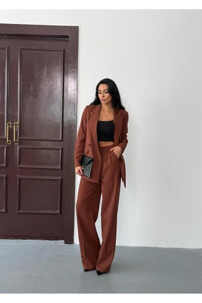 Afri Kahverengi Kadın Polly Viscon Takım – 1. Sınıf Kumaş Blazer Ceket & Palazzo Pantolon İkili Takım