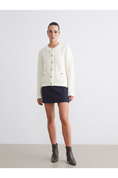 LC Waikiki Classic Ecru Crew Neck Women's Knit Cardigan