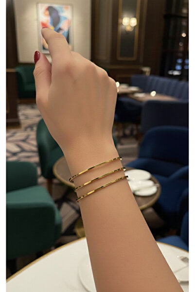 Happyline Çelik Kararma Yapmaz 22 Ayar Altın Kaplama Kibrit Çöpü Ajda Bilezik Seti 24 cm 3 Adet