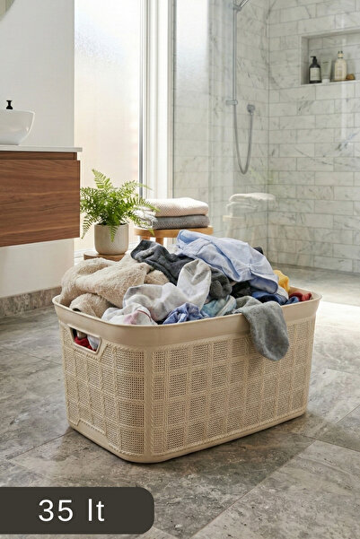 Poomy 35 Lt Örgü Desenli Plastik Çamaşır Sepeti - Krem Rengi Temiz Çamaşır Se...