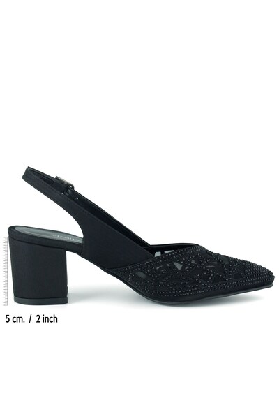 Erkan Saçmacı Estelle Black Satin Stone Mesh Pointed Toe Thick Heeled Open Back Evening Dress Shoes