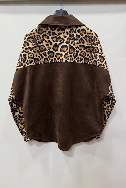 della moor Γυναικείο καφέ ιταλικό σουέτ πουκάμισο μπουφάν με λεοπάρ στάμπα με πέτρα στην τσέπη O oversized φαρδιά εφαρμογή