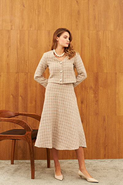 STELLA PULVIS Fusta midi căptușită din tweed bej