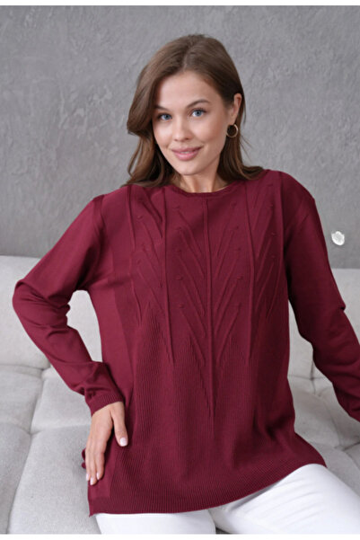 Stilmony Women's Minimal Line Embossed Thin Knitwear Round Neck Sweater