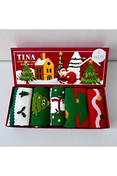 velve Set of 5 pairs of women's cotton socks, Christmas themed, 36-39, Green