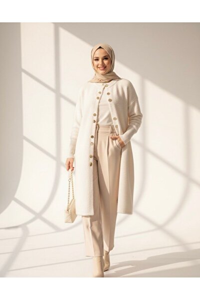 ERLINE Stone Angora Buttoned Soft Knitwear Hijab Cardigan