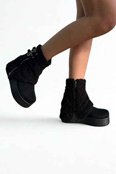 inizio Black Suede Fur Wedge Heel Women's Boots V4246