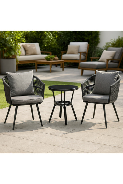 Ebticar Sleek Black & Dark Grey Outdoor Tea Set with Foam Cushions – 2 Chairs & 1 Table