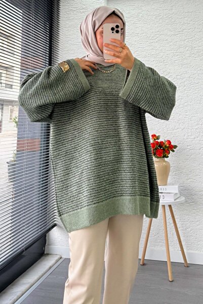 MELEK ARAZ Оверсайз дамски плетен пуловер с преход Sim – мента