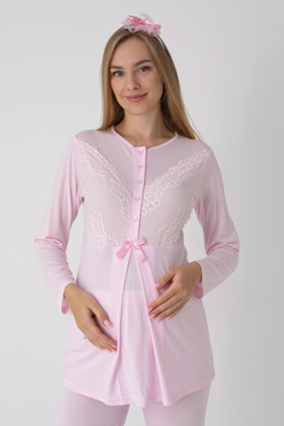 ERDENİZ TEKSTİL Maternity Pajama Set with Nursing Lace Detail Viscose Fabric - Includes Slippers and Crown Gift