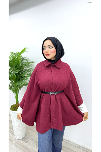 Modayıldızlar Milano Women's Belted Cashmere Poncho Burgundy New (Long)