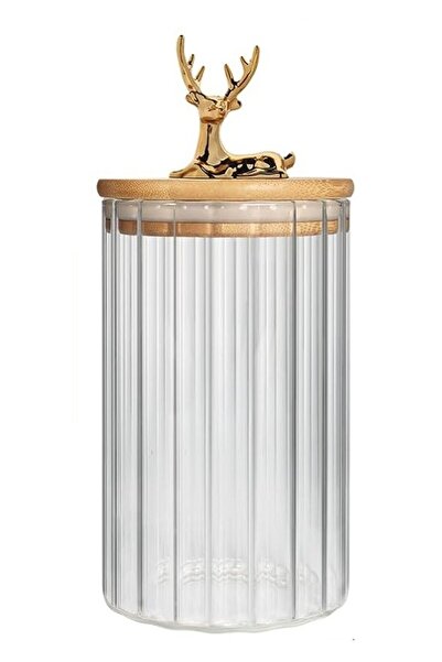 Qerhome 3-Piece Borosilicate Glass Jar with Gold Deer Figure and Bamboo Lid 750 ml