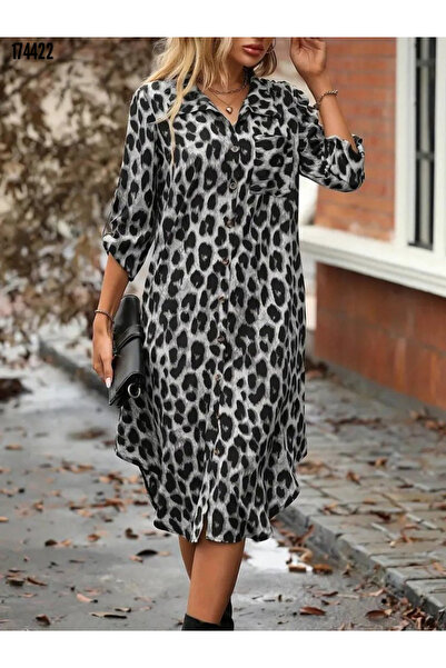 Viyamo Yeni Sezon Leoparla Gelen Stil Modal Kumaş Düğmeli Midi Elbise