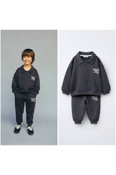 Laciel Prs Laciel Paris Boys' Collared Anthracite Top and Bottom Set