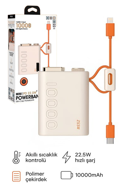 The Wlue 10.000 mAh Hızlı Şarj Powerbank | PD Hızlı Şarj 22.5W | Dahili Kablo...