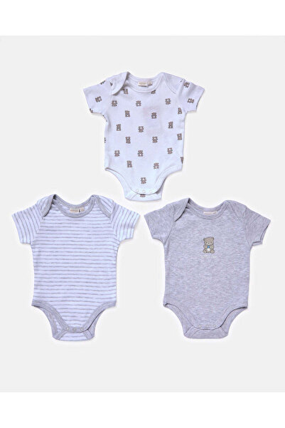 REDTAG Baby Grey And White Printed Bodysuit Set (3 Piece)