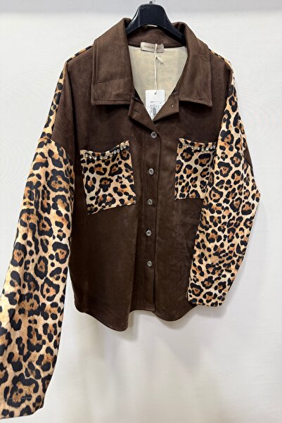 della moor Γυναικείο καφέ ιταλικό σουέτ πουκάμισο μπουφάν με λεοπάρ στάμπα με πέτρα στην τσέπη O oversized φαρδιά εφαρμογή