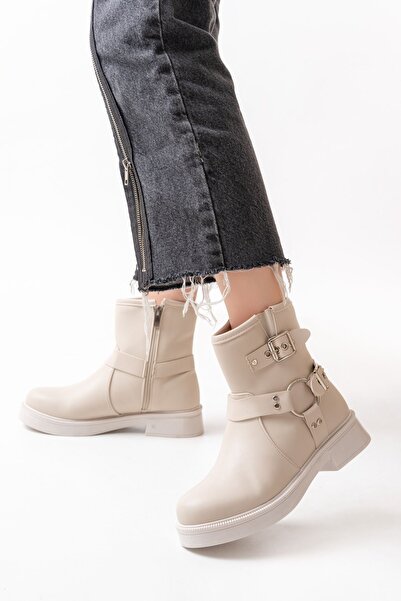 Zerenyus ZRİN-2013 Γυναικείες μπότες casual με φερμουάρ και αξεσουάρ με αγκράφα σε μπεζ χρώμα