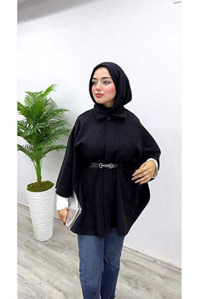 Modayıldızlar Milano Women's Belted Cashmere Poncho Black New (Long)