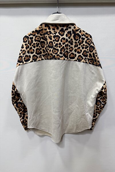 della moor Γυναικείο πουκάμισο από ιταλικό σουέτ εκρού Μπουφάν με λεοπάρ στάμπα με πέτρα στην τσέπη O oversized φαρδιά εφαρμογή