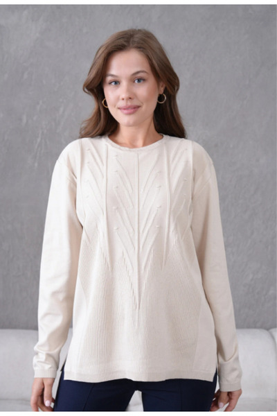 Stilmony Women's Minimal Line Embossed Thin Knitwear Round Neck Sweater