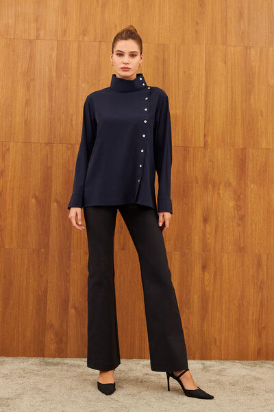STELLA PULVIS Navy Blue High Collar Button Detailed Crepe Shirt