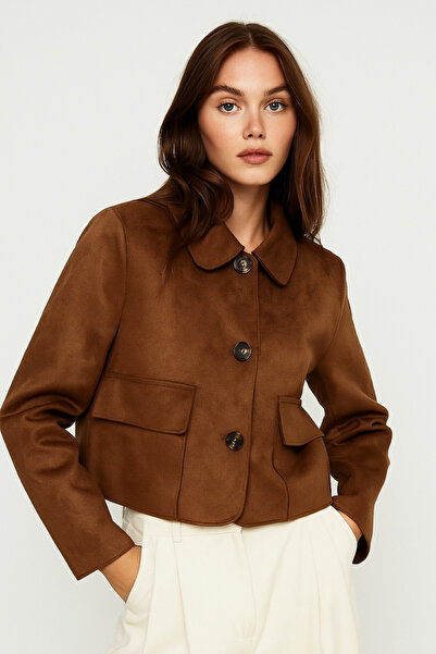 Rich Women's Brown Flap Patch Pocket Shirt Collar Buttoned Suede Jacket