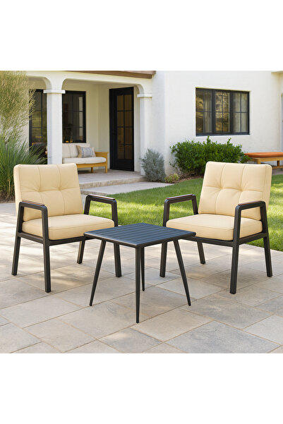 Ebticar Beige & Black Outdoor Tea Set with Foam Cushions – 2 Chairs & 1 Table