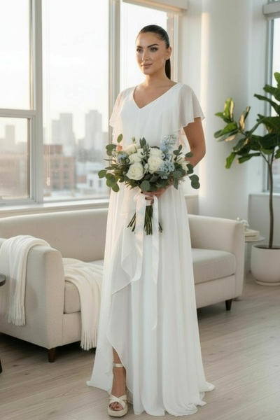 BDR COMPANY V YAKALI ÖN VE ARKASI VALONLU YIRTMAÇLI ŞİFON SÖZ-NİŞAN-NİKAH-DIŞ...