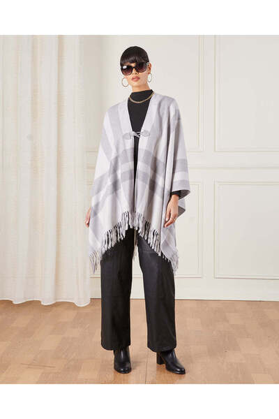 REDTAG Women Grey Checked Poncho With Pu Fastening