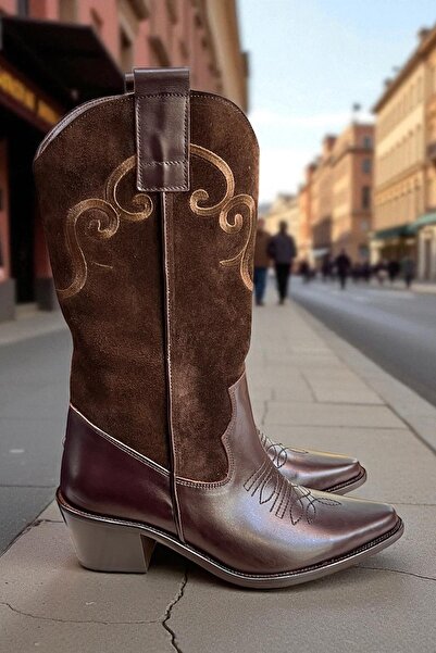 TUFAN SHOES Kahve Hakiki Deri ve Süet İşleme Detaylı Western Çizme
