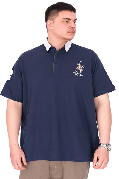 ModeXL Fashion XL Big Size Men's T-Shirt Polo Neck Embroidery Detail U25311 Indigo