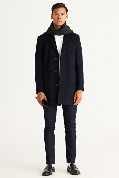 ALTINYILDIZ CLASSICS Marineblauer Standard-Passform-Wollmantel mit normalem Schnitt und Monokragen für Herren