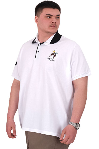 ModeXL Fashion XL Big Size Men's T-Shirt Polo Neck Embroidery Detail U25311 White