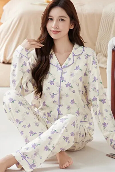 Muchmy Floral Pattern Button-Up Top High Waist Bottom Lounge Sleepwear 2 Pcs Womens Pajama Set