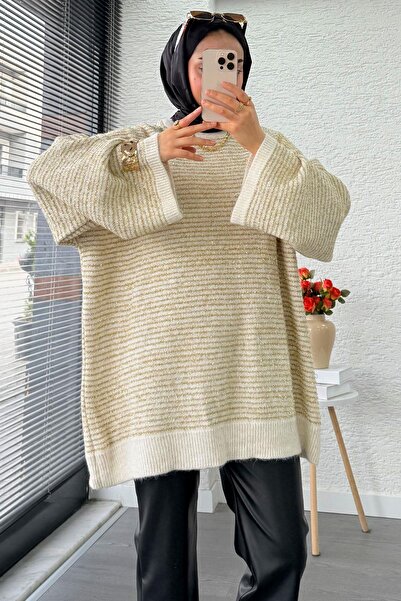 MELEK ARAZ Оверсайз дамски плетен пуловер с преход Sim – Екру