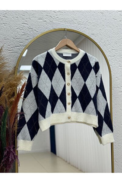 MİHRA STORE Capisa Gold Buttoned Diamond Pattern Bearded Cardigan-Kr5030 Navy Blue