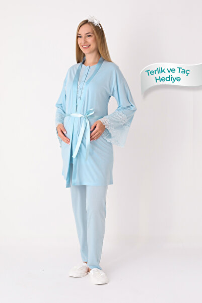 ERDENİZ TEKSTİL Maternity Pajama Set with Nursing Lace Detail Viscose Fabric - Includes Slippers and Crown Gift