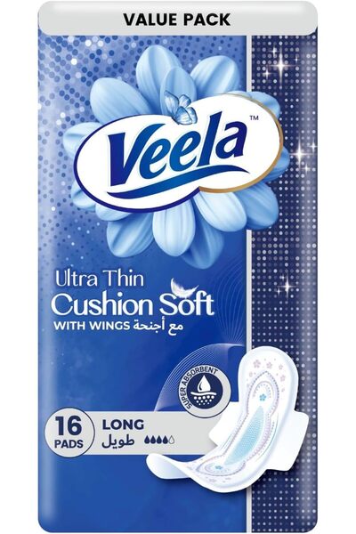 VEELA Cushion Soft Ultra-Thin Sanitary Pads, Heavy Flow, Long, 16 Count