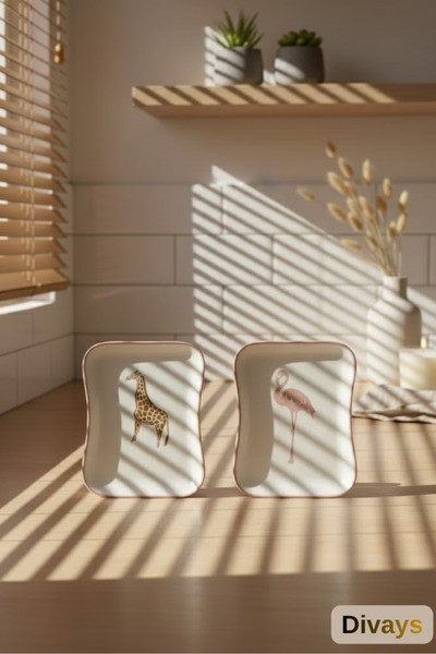 DİVAYS Set of 2 Giraffe & Flamingo Patterned Ceramic Plates | Breakfast & Toast Plate