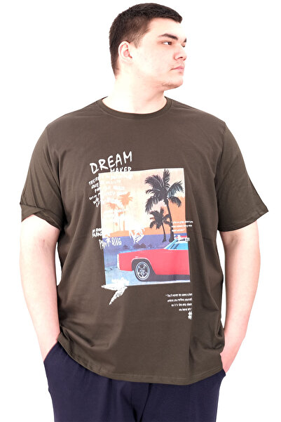 ModeXL Fashion XL Large Size Men's Printed T-Shirt Palm Dream U25026 Khaki