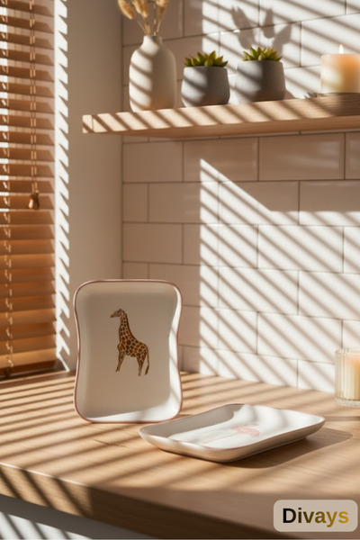 DİVAYS Set of 2 Giraffe & Flamingo Patterned Ceramic Plates | Breakfast & Toast Plate