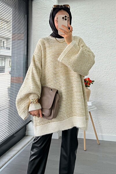 MELEK ARAZ Оверсайз дамски плетен пуловер с преход Sim – Екру