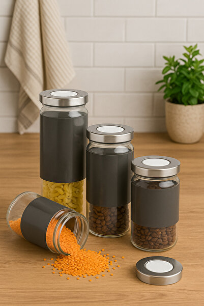 welcomein 4-Piece Glass Storage Jar Set – Airtight Food Storage Jars with Stainless Steel Lids, Gray Design