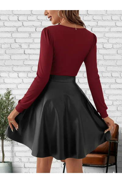 MaxiMor Γυναικείο φόρεμα με δερμάτινη φούστα σε χρώμα μπορντό (χωρίς ζώνη)