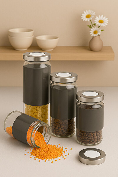 welcomein 4-Piece Glass Storage Jar Set – Airtight Food Storage Jars with Stainless Steel Lids, Gray Design