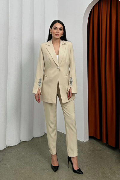 ZF BUTİK Γυναικείο Σετ Παντελόνι με Πέτο Μπλέιζερ με Λεπτομέρεια από Πέτρα