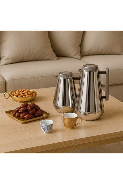 ALSAIF ✨ Lilia Thermos Set from Al Saif – Shiny Nickel and Wood Touch (1.3L + 0.75L) for luxurious hospitality in every detail! ✨