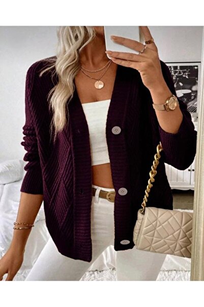 GNY TEXTİLE Buttoned Model Diamond Patterned Woven Detailed Long Sleeve Knitwear Cardigan