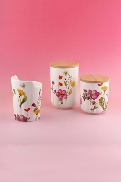 Bursa Porselen Dekor Meadow 3-Piece Wooden Vacuum Sealed Lid Porcelain Spice Jar & Spoon Holder